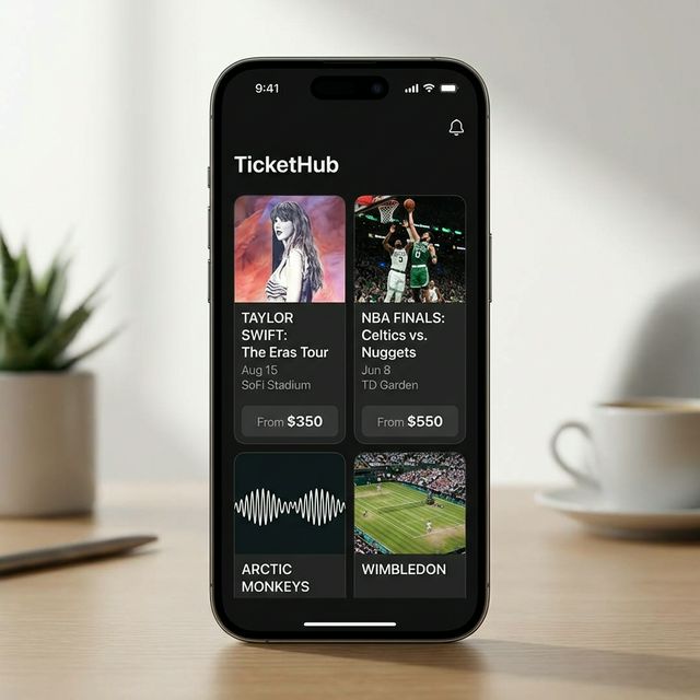 Ticket marketplace app interface showing browse and filter options
